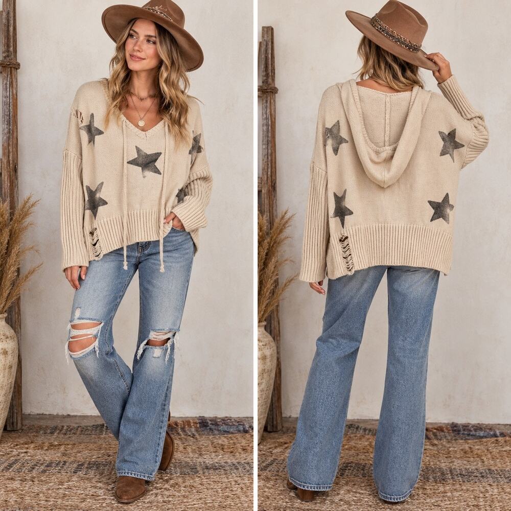 POL Distressed Beige Gray V-neck Knit Hooded Sweater Women’s Small Oversized